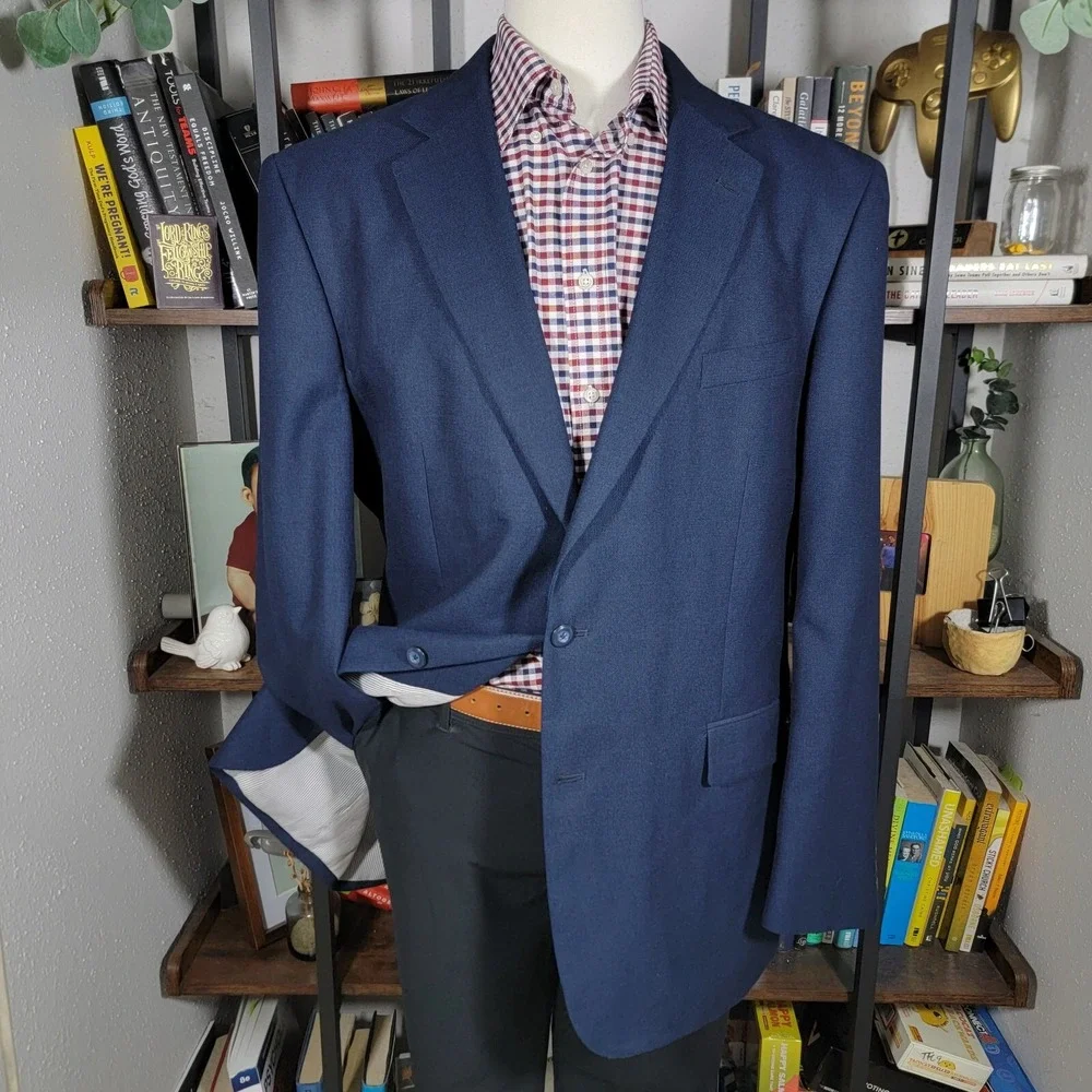 Stafford Essentials Men's Sport Coat Blazer Two Button Navy Blue‎ Poly Blend 46L